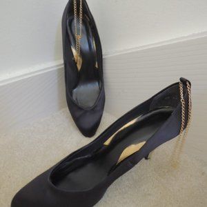 Ladies Shoes Size 8 1/2 M Black Satin w/gold heels